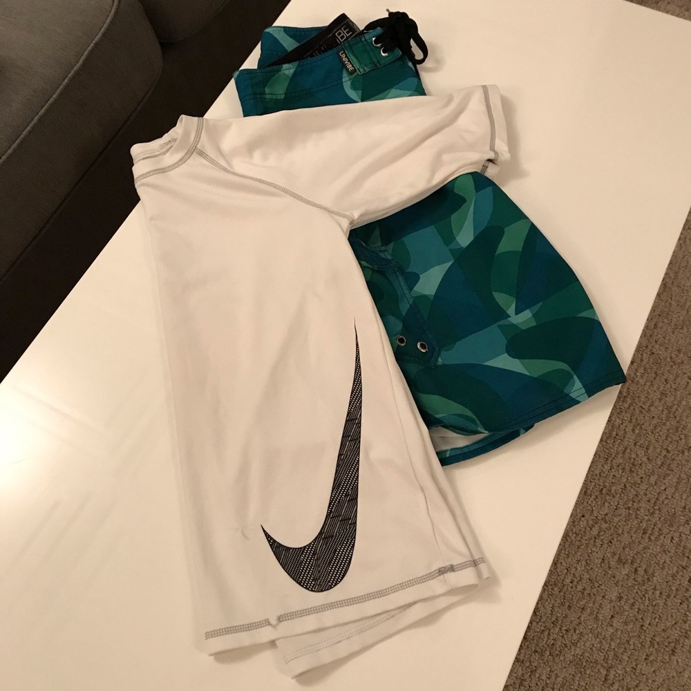 Boys board shorts and swim shirt.